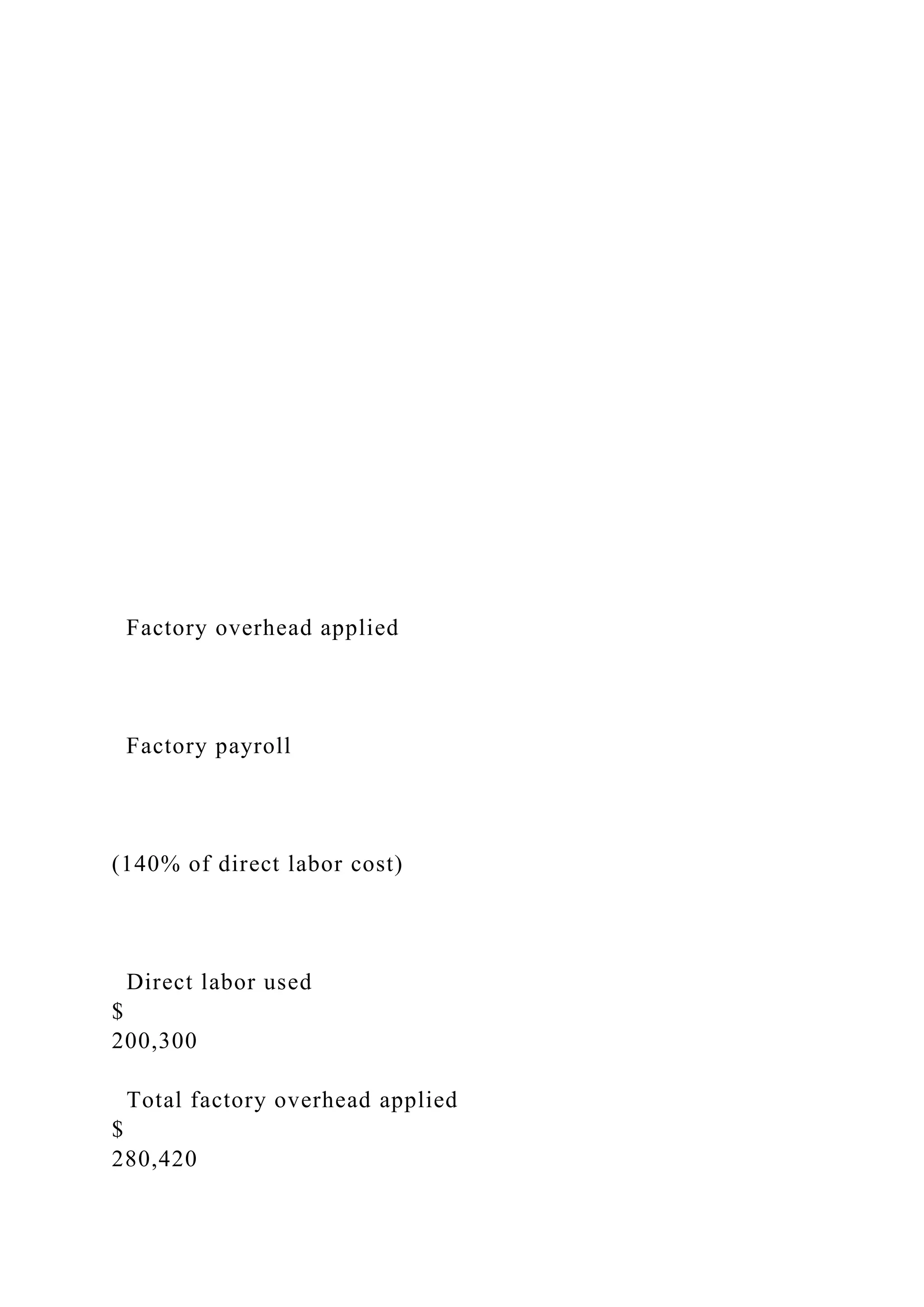 Factory overhead applied
Factory payroll
(140% of direct labor cost)
Direct labor used
$
200,300
Total factory overhead applied
$
280,420
 