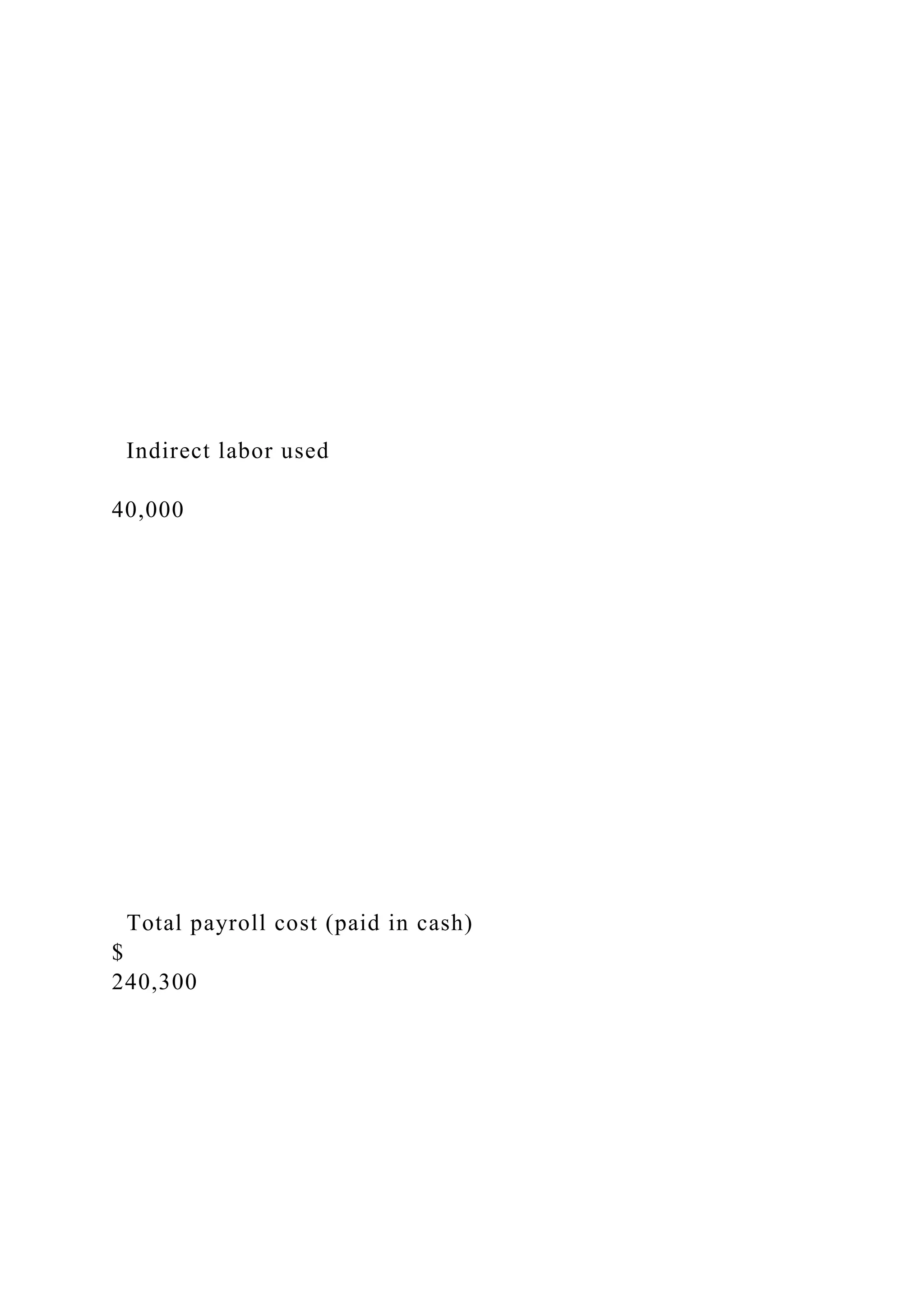 Indirect labor used
40,000
Total payroll cost (paid in cash)
$
240,300
 
