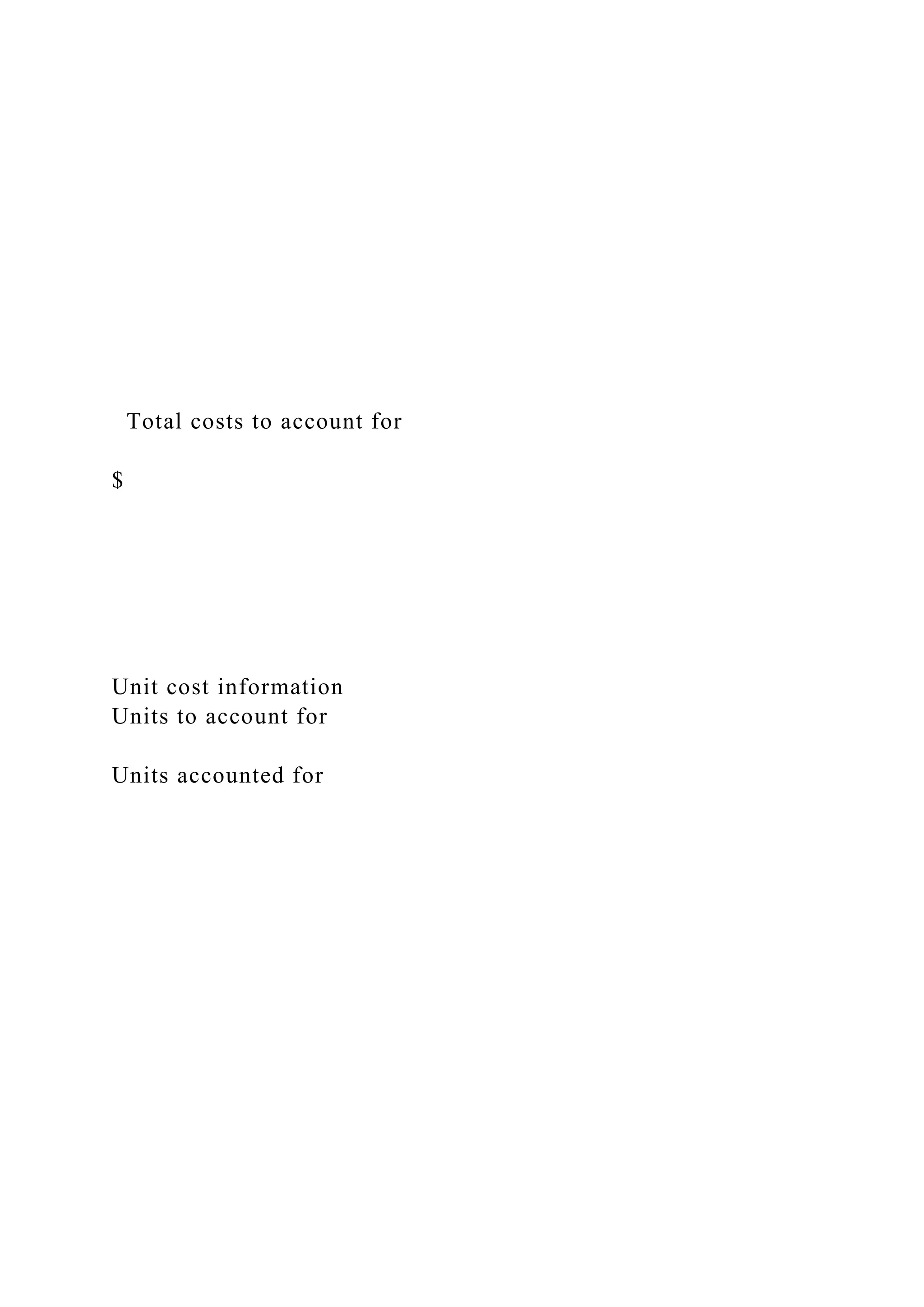 Total costs to account for
$
Unit cost information
Units to account for
Units accounted for
 