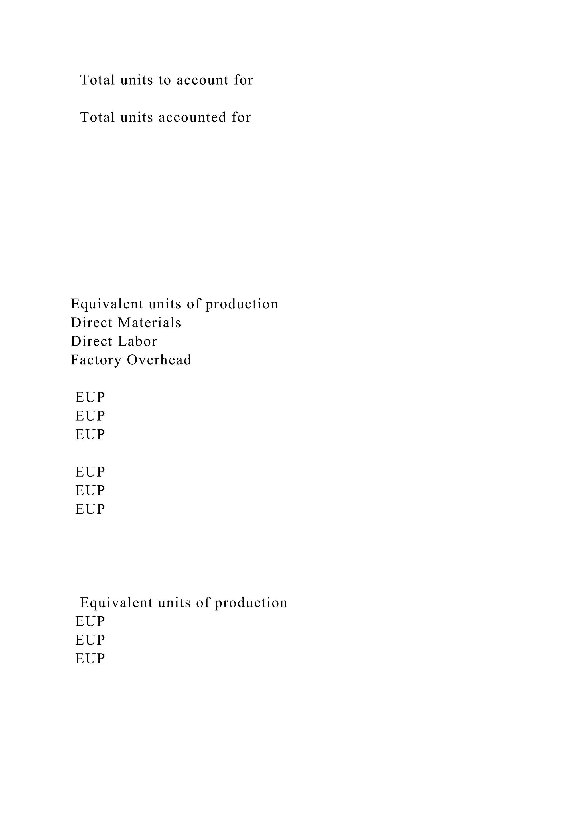 Total units to account for
Total units accounted for
Equivalent units of production
Direct Materials
Direct Labor
Factory Overhead
EUP
EUP
EUP
EUP
EUP
EUP
Equivalent units of production
EUP
EUP
EUP
 