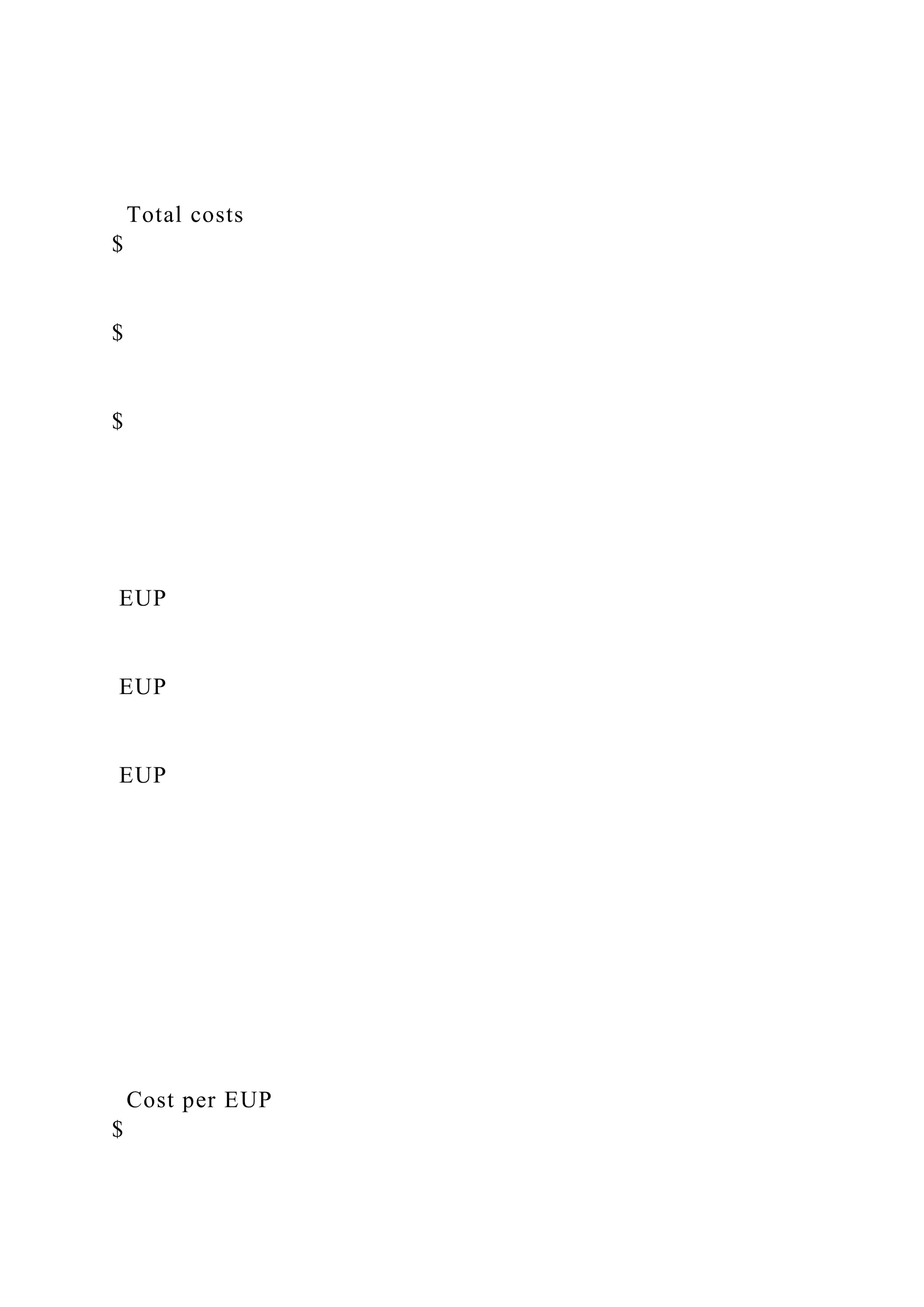 Total costs
$
$
$
EUP
EUP
EUP
Cost per EUP
$
 