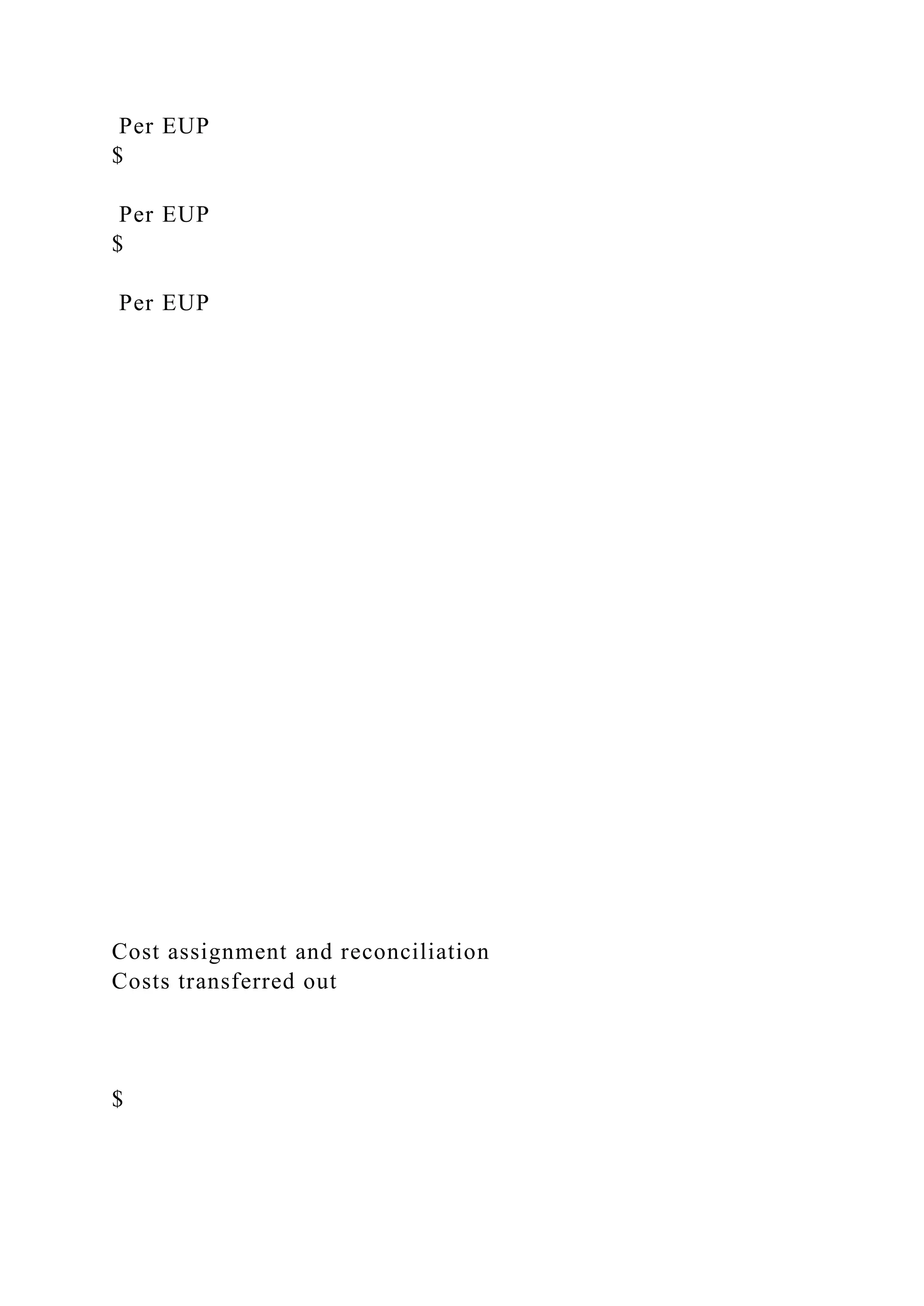 Per EUP
$
Per EUP
$
Per EUP
Cost assignment and reconciliation
Costs transferred out
$
 