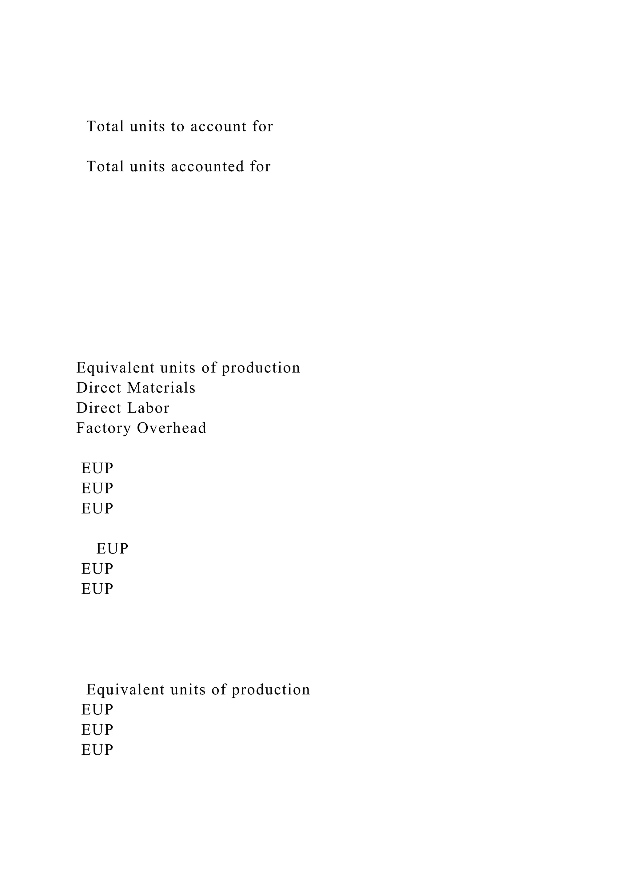 Total units to account for
Total units accounted for
Equivalent units of production
Direct Materials
Direct Labor
Factory Overhead
EUP
EUP
EUP
EUP
EUP
EUP
Equivalent units of production
EUP
EUP
EUP
 