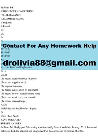 Problem 3-8
BRIDGEPORT ADVERTISING
TRIAL BALANCE
DECEMBER 31, 2017
Unadjusted
Adjusted
Dr.
Cr.
Dr.
Cr.
$148,820
$148,820
$158,950
$158,950
No.
Date
Account Titles and Explanation
Debit
Credit
(To record accrued service revenue)
(To record supplies used)
(To expired insurance)
(To record depreciation on equiment)
(To record interest accrued on the note)
(To record service revenue earned)
(To record accrued wages)
Assets
Liabilities and Stockholders’ Equity
%
Open Show Work
SAVE FOR LATER
SUBMIT ANSWER
Problem 3-8 Bridgeport Advertising was founded by Murali Vedula in January 2015. Presented
below are both the adjusted and unadjusted trial balances as of December 31, 2017.
 