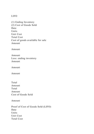 LIFO
(1) Ending Inventory
(2) Cost of Goods Sold
Date
Units
Unit Cost
Total Cost
Cost of goods available for sale
Amount
Amount
Amount
Less: ending inventory
Amount
Amount
Amount
Total
Amount
Total
Amount
Cost of Goods Sold
Amount
Proof of Cost of Goods Sold (LIFO)
Date
Units
Unit Cost
Total Cost
 