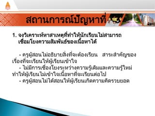 1. จงวิเคราะห์หาสาเหตุที่ทําให้นักเรียนไม่สามารถ
เชื่อมโยงความสัมพันธ์ของเนื้อหาได้
- ครูผู้สอนไม่อธิบายสิ่งที่จะต้องเรียน สาระสําคัญของ
เรื่องที่จะเรียนให้ผู้เรียนเข้าใจ
- ไม่มีการเชื่องโยงระหว่างความรู้เดิมและความรู้ใหม่
ทําให้ผู้เรียนไม่เข้าใจเนื้อหาที่จะเรียนต่อไป
- ครูผู้สอนไม่ได้สอนให้ผู้เรียนเกิดความคิดรวบยอด
สถานการณ์ปัญหาที่ 3
 
