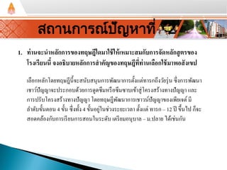 1. ท่านจะนําหลักการของทฤษฎีใดมาใช้ให้เหมาะสมกับการจัดหลักสูตรของ
โรงเรียนนี้ จงอธิบายหลักการสําคัญของทฤษฎีที่ท่านเลือกใช้มาพอสังเขป
เลือกหลักโดยทฤษฎีนี้จะสนับสนุนการพัฒนาการตั้งแต่ทารกถึงวัยรุ่น ซึ่งการพัฒนา
เชาว์ปัญญาจะประกอบด้วยการดูดซึมหรือซึมซาบเข้าสู่โครงสร้างทางปัญญา และ
การปรับโครงสร้างทางปัญญา โดยทฤษฎีพัฒนาการเชาวน์ปัญญาของเพียเจต์มี
ลําดับขั้นตอน 4 ขั้น ซึ่งทั้ง 4 ขั้นอยู่ในช่วงระยะเวลา ตั้งแต่ ทารก – 12 ปี ขึ้นไป ก็จะ
สอดคล้องกับการเรียนการสอนในระดับ เตรียมอนุบาล – ม.ปลาย ได้เช่นกัน
สถานการณ์ปัญหาที่ 2
 