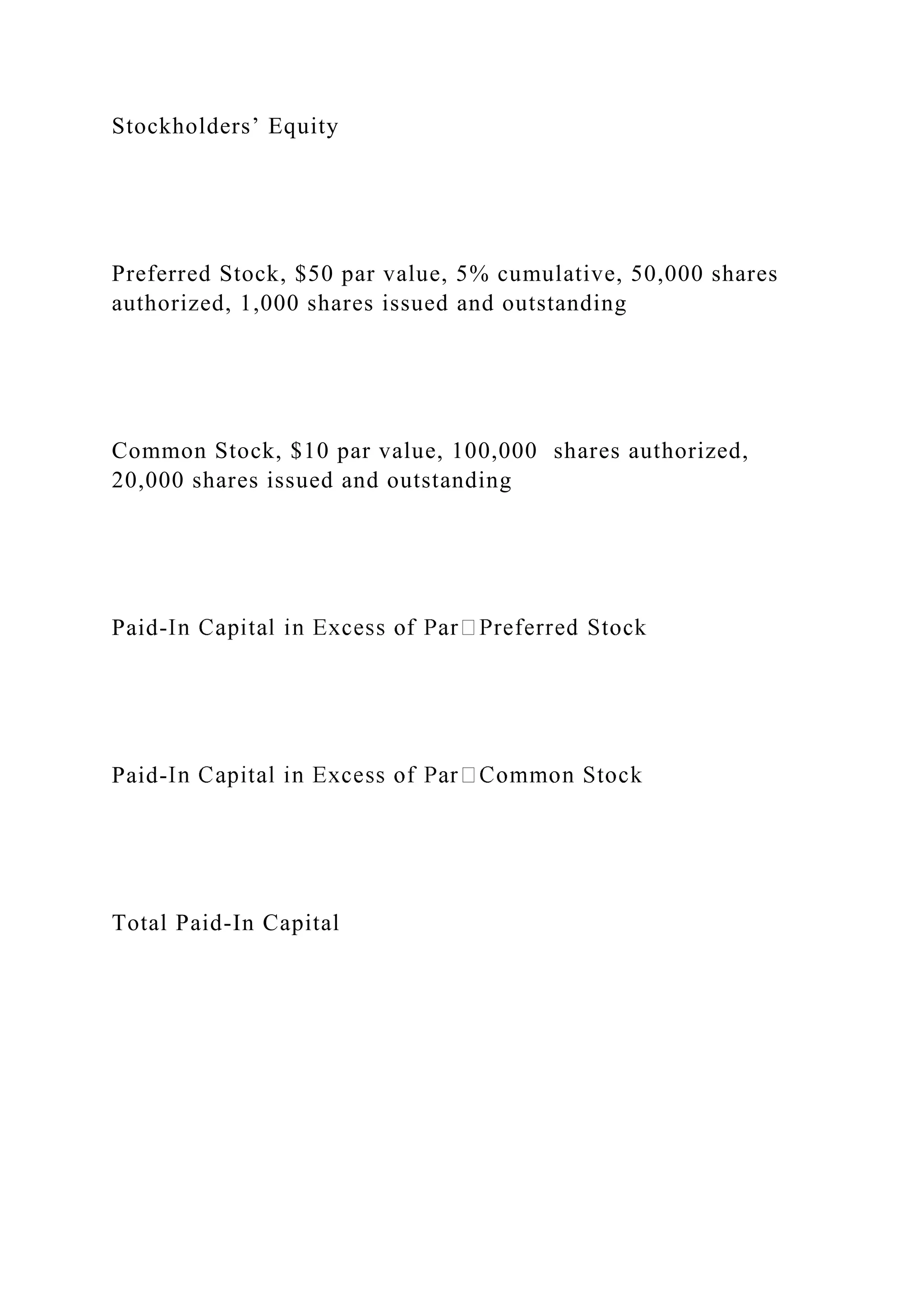 Stockholders’ Equity
Preferred Stock, $50 par value, 5% cumulative, 50,000 shares
authorized, 1,000 shares issued and outstanding
Common Stock, $10 par value, 100,000 shares authorized,
20,000 shares issued and outstanding
Paid-
Paid-
Total Paid-In Capital
 