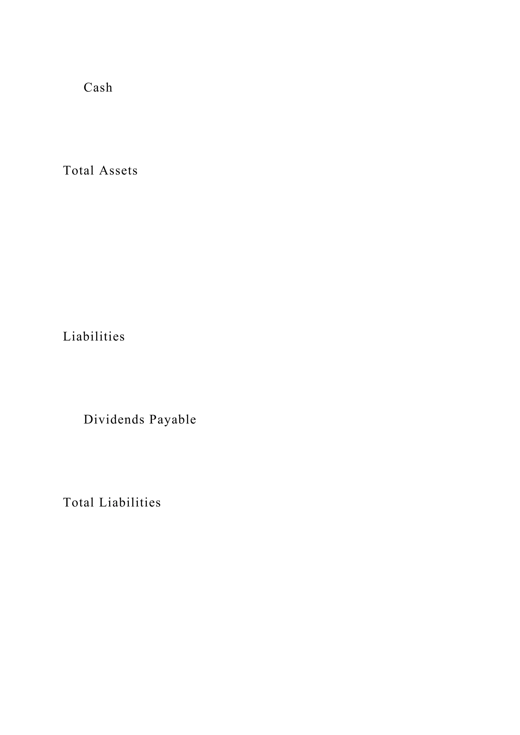 Cash
Total Assets
Liabilities
Dividends Payable
Total Liabilities
 