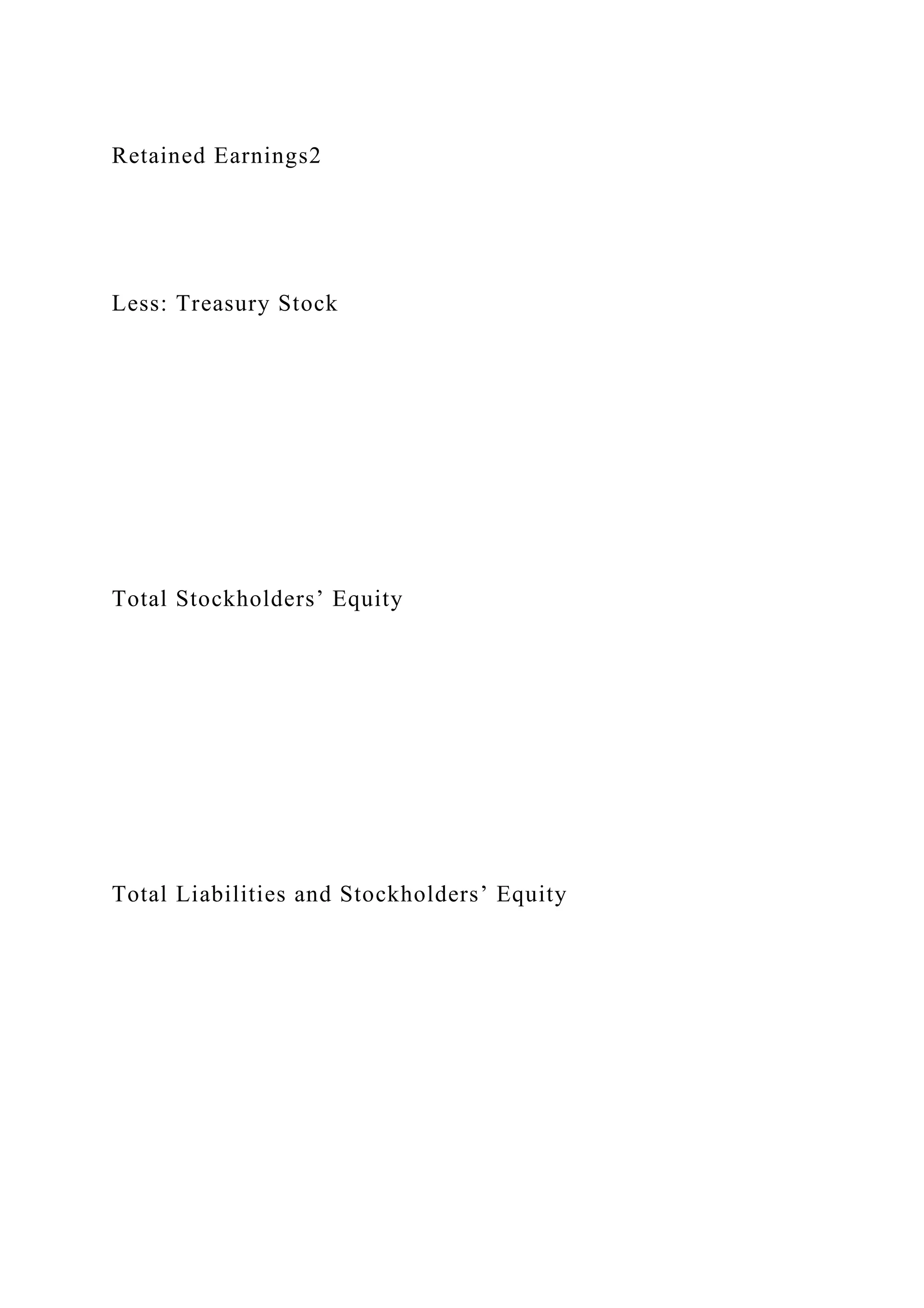 Retained Earnings2
Less: Treasury Stock
Total Stockholders’ Equity
Total Liabilities and Stockholders’ Equity
 