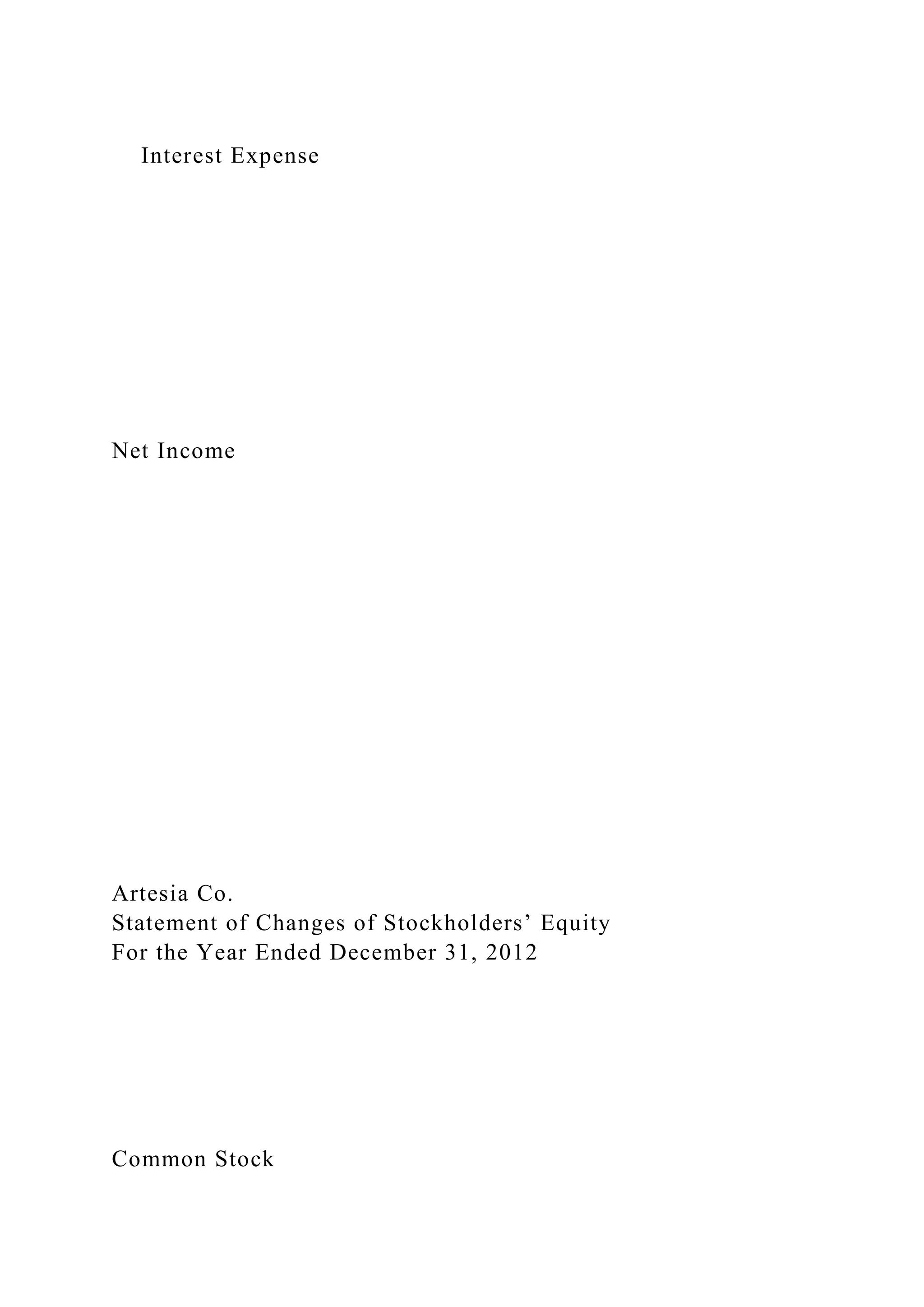 Interest Expense
Net Income
Artesia Co.
Statement of Changes of Stockholders’ Equity
For the Year Ended December 31, 2012
Common Stock
 