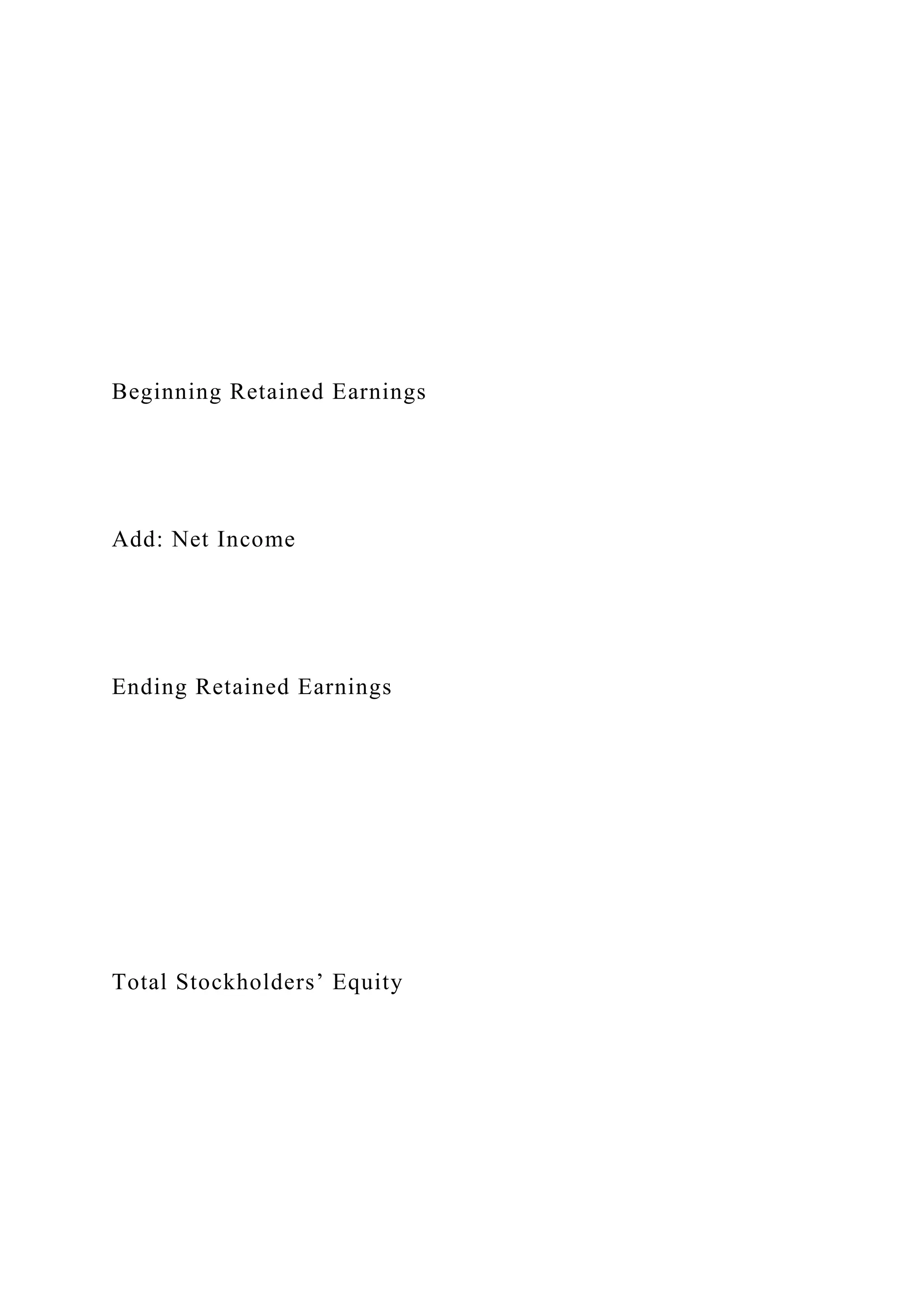Beginning Retained Earnings
Add: Net Income
Ending Retained Earnings
Total Stockholders’ Equity
 
