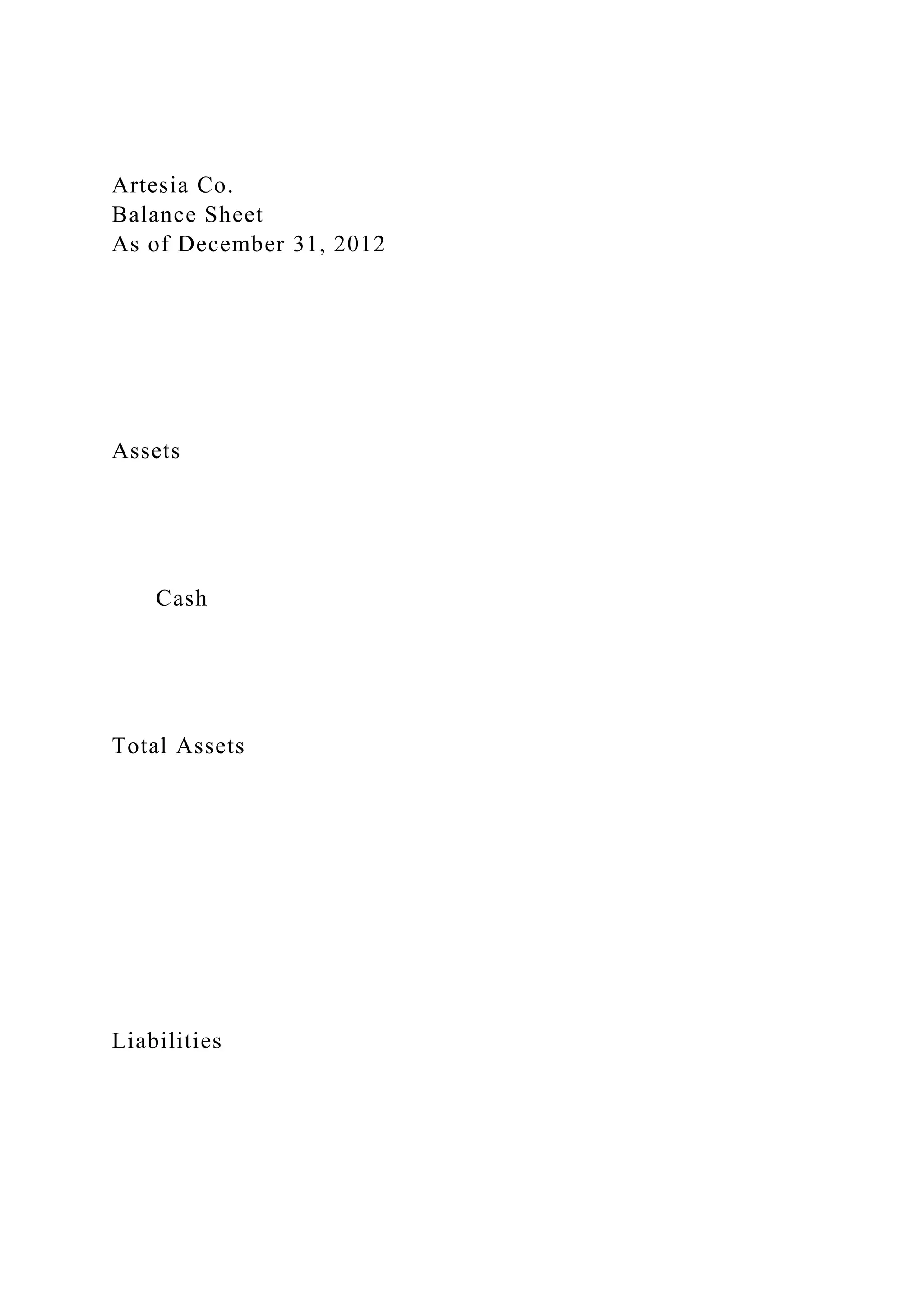 Artesia Co.
Balance Sheet
As of December 31, 2012
Assets
Cash
Total Assets
Liabilities
 