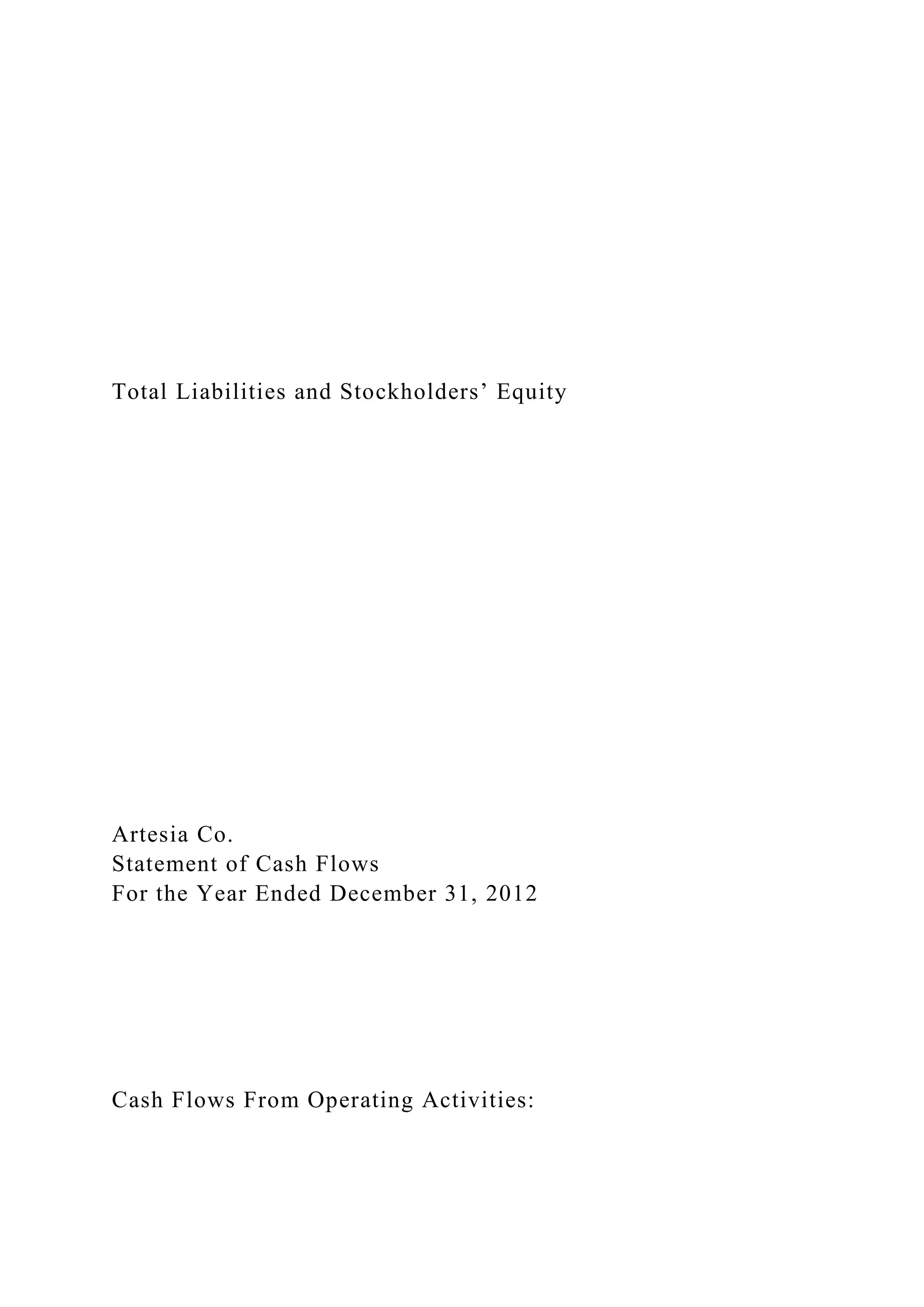 Total Liabilities and Stockholders’ Equity
Artesia Co.
Statement of Cash Flows
For the Year Ended December 31, 2012
Cash Flows From Operating Activities:
 