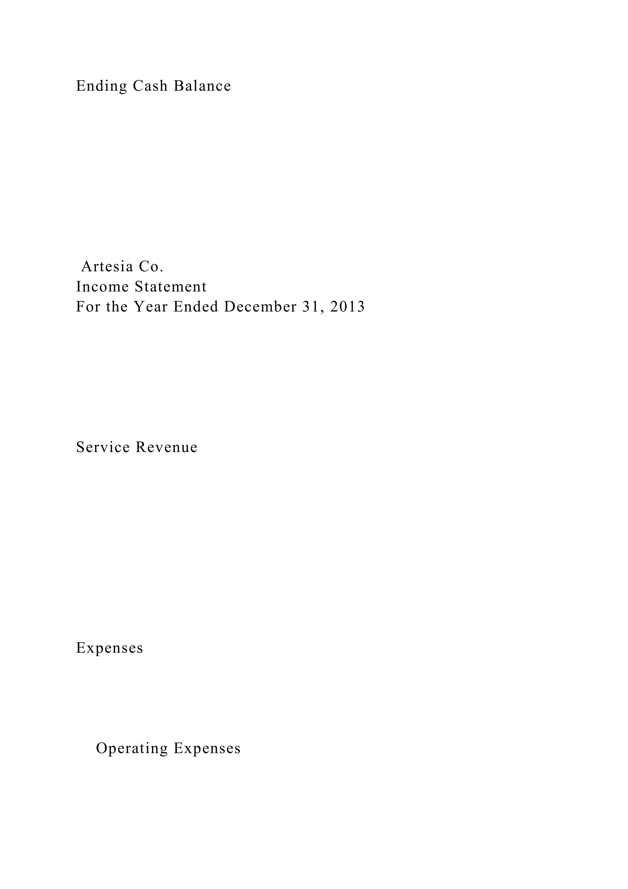 Ending Cash Balance
Artesia Co.
Income Statement
For the Year Ended December 31, 2013
Service Revenue
Expenses
Operating Expenses
 