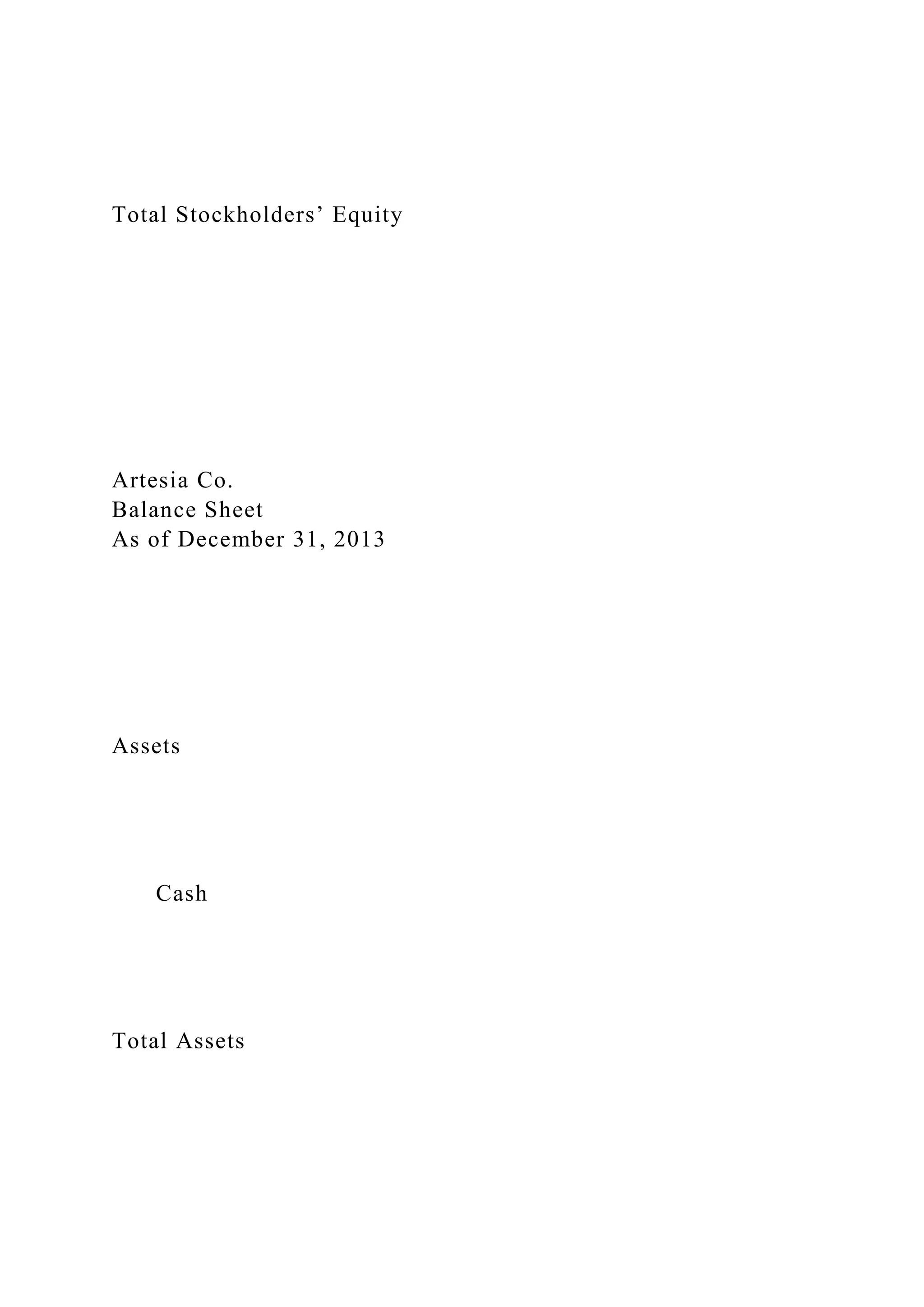 Total Stockholders’ Equity
Artesia Co.
Balance Sheet
As of December 31, 2013
Assets
Cash
Total Assets
 