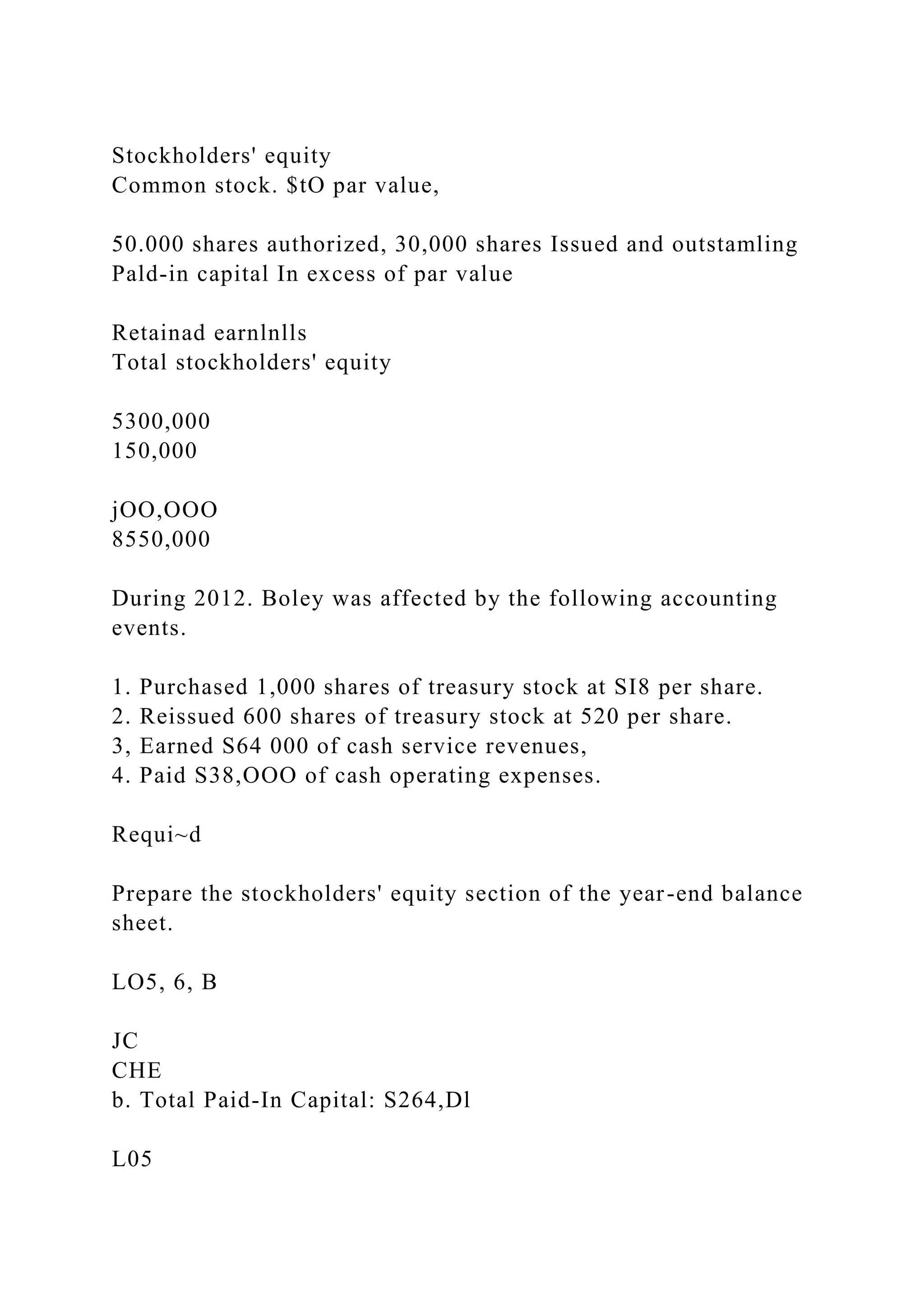 Stockholders' equity
Common stock. $tO par value,
50.000 shares authorized, 30,000 shares Issued and outstamling
Pald-in capital In excess of par value
Retainad earnlnlls
Total stockholders' equity
5300,000
150,000
jOO,OOO
8550,000
During 2012. Boley was affected by the following accounting
events.
1. Purchased 1,000 shares of treasury stock at SI8 per share.
2. Reissued 600 shares of treasury stock at 520 per share.
3, Earned S64 000 of cash service revenues,
4. Paid S38,OOO of cash operating expenses.
Requi~d
Prepare the stockholders' equity section of the year-end balance
sheet.
LO5, 6, B
JC
CHE
b. Total Paid-In Capital: S264,Dl
L05
 