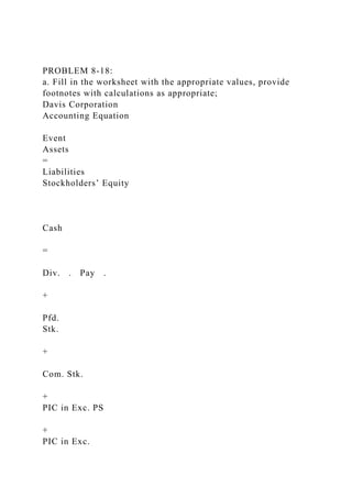 PROBLEM 8-18:
a. Fill in the worksheet with the appropriate values, provide
footnotes with calculations as appropriate;
Davis Corporation
Accounting Equation
Event
Assets
=
Liabilities
Stockholders’ Equity
Cash
=
Div. . Pay .
+
Pfd.
Stk.
+
Com. Stk.
+
PIC in Exc. PS
+
PIC in Exc.
 
