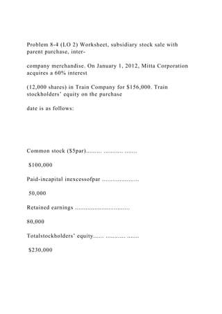 Problem 8-4 (LO 2) Worksheet, subsidiary stock sale with
parent purchase, inter-
company merchandise. On January 1, 2012, Mitta Corporation
acquires a 60% interest
(12,000 shares) in Train Company for $156,000. Train
stockholders’ equity on the purchase
date is as follows:
Common stock ($5par)......... ........... .......
$100,000
Paid-incapital inexcessofpar .....................
50,000
Retained earnings ...............................
80,000
Totalstockholders’ equity...... ........... .......
$230,000
 