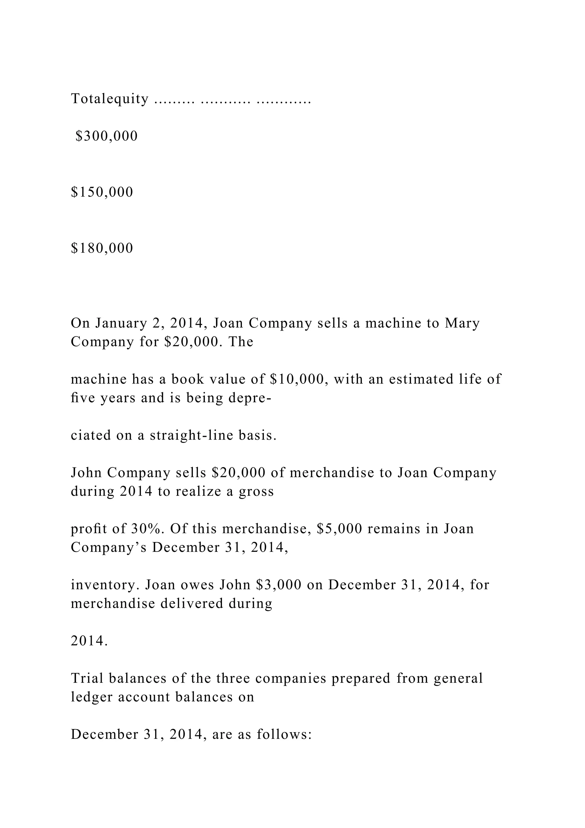 Totalequity ......... ........... ............
$300,000
$150,000
$180,000
On January 2, 2014, Joan Company sells a machine to Mary
Company for $20,000. The
machine has a book value of $10,000, with an estimated life of
ﬁve years and is being depre-
ciated on a straight-line basis.
John Company sells $20,000 of merchandise to Joan Company
during 2014 to realize a gross
proﬁt of 30%. Of this merchandise, $5,000 remains in Joan
Company’s December 31, 2014,
inventory. Joan owes John $3,000 on December 31, 2014, for
merchandise delivered during
2014.
Trial balances of the three companies prepared from general
ledger account balances on
December 31, 2014, are as follows:
 