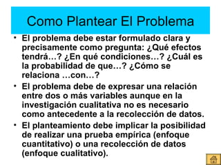 Como Plantear El Problema El problema debe estar formulado clara y precisamente como pregunta: ¿Qué efectos tendrá…? ¿En qué condiciones…? ¿Cuál es la probabilidad de que…? ¿Cómo se relaciona …con…? El problema debe de expresar una relación entre dos o más variables aunque en la investigación cualitativa no es necesario como antecedente a la recolección de datos. El planteamiento debe implicar la posibilidad de realizar una prueba empírica (enfoque cuantitativo) o una recolección de datos (enfoque cualitativo).  