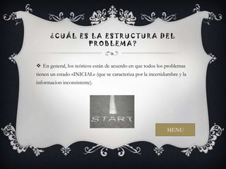 ¿CUÁL ES LA ESTRUCTURA DEL
              PROBLEMA?


 En general, los teóricos están de acuerdo en que todos los problemas
tienen un estado «INICIAL» (que se caracteriza por la incertidumbre y la
informacion inconsistente).




                                                              MENU
 