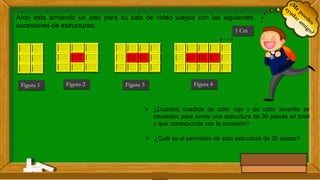 Aron esta armando un piso para su sala de video juegos con las siguientes
sucesiones de estructuras:
Figura 1 Figura 2 Figura 3 Figura 4
 ¿Cuántos cuadros de color rojo y de color amarillo se
necesitan para armar una estructura de 30 piezas en total
y que corresponda con la sucesión?
 ¿Cuál es el perímetro de esta estructura de 30 piezas?
1 Cm
-----
 