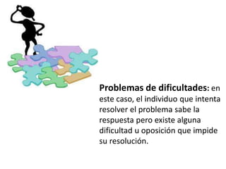 Problemas de dificultades: en
este caso, el individuo que intenta
resolver el problema sabe la
respuesta pero existe alguna
dificultad u oposición que impide
su resolución.
 