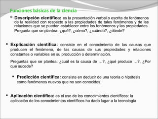 Funciones básicas de la ciencia
   Descripción científica: es la presentación verbal o escrita de fenómenos
    de la realidad con respecto a las propiedades de tales fenómenos y de las
    relaciones que se pueden establecer entre los fenómenos y las propiedades.
    Pregunta que se plantea: ¿qué?, ¿cómo?, ¿cuándo?, ¿dónde?


 Explicación científica: consiste en el conocimiento de las causas que
  producen el fenómeno, de las causas de sus propiedades y relaciones
  constantes o variables en su producción o determinación.
  Preguntas que se plantea: ¿cuál es la causa de …?, ¿qué produce …?, ¿Por
  qué sucede?

    Predicción científica: consiste en deducir de una teoría o hipótesis
      como fenómenos nuevos que no son conocidos.


 Aplicación científica: es el uso de los conocimientos científicos: la
  aplicación de los conocimientos científicos ha dado lugar a la tecnología
 