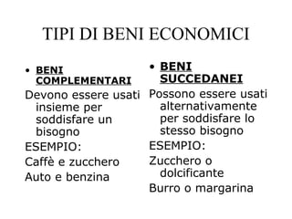 • BENI
COMPLEMENTARI
Devono essere usati
insieme per
soddisfare un
bisogno
ESEMPIO:
Caffè e zucchero
Auto e benzina
• BENI
SUCCEDANEI
Possono essere usati
alternativamente
per soddisfare lo
stesso bisogno
ESEMPIO:
Zucchero o
dolcificante
Burro o margarina
TIPI DI BENI ECONOMICI
 