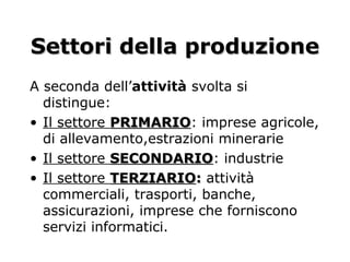 Settori della produzioneSettori della produzione
A seconda dell’attività svolta si
distingue:
• Il settore PRIMARIOPRIMARIO: imprese agricole,
di allevamento,estrazioni minerarie
• Il settore SECONDARIOSECONDARIO: industrie
• Il settore TERZIARIOTERZIARIO:: attività
commerciali, trasporti, banche,
assicurazioni, imprese che forniscono
servizi informatici.
 