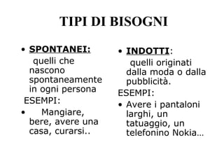 • SPONTANEI:
quelli che
nascono
spontaneamente
in ogni persona
ESEMPI:
• Mangiare,
bere, avere una
casa, curarsi..
• INDOTTI:
quelli originati
dalla moda o dalla
pubblicità.
ESEMPI:
• Avere i pantaloni
larghi, un
tatuaggio, un
telefonino Nokia…
TIPI DI BISOGNI
 