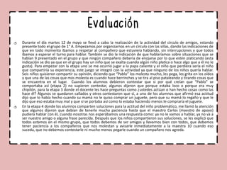 Evaluación
Durante el día martes 12 de mayo se llevó a cabo la realización de la actividad del círculo de amigos, estando
presente todo el grupo de 1° A. Empezamos por organizarnos en un círculo con las sillas, dando las indicaciones de
que en todo momento íbamos a respetar al compañero que estuviera hablando, sin interrupciones y que todos
íbamos a esperar el turno para hablar. También se dio la indicación de que hablaríamos sobre situaciones que se
habían 9 presentado en el grupo y que ningún compañero debería de enojarse por lo que estén platicando (esta
indicación se dio ya que en el grupo hay un niño que se exalta cuando algún niño platica o hace algo que a él no le
gusta). Para empezar con la etapa uno se me ocurrió jugar a la papa caliente y el niño que perdiera sería el niño
que compartiría su experiencia, este juego se integró con la actividad ya que ninguno de los niños quería hablar.
Seis niños quisieron compartir su opinión, diciendo que “Pablo” los molesta mucho, les pega, les grita en los oídos
y que una de las cosas que más molesta es cuando hace berrinches y se tira al piso pataleando y tirando cosas que
se encuentra en el lugar. Cuando los alumnos debieron contestar que si por qué creían que “Pablo” se
comportaba así (etapa 2) no supieron contestar, algunos dijeron que porque estaba loco o porque era muy
chipilón, para la etapa 3 donde el docente les hace preguntas como ¿ustedes actúan o han hecho cosas como las
hace él? Algunos se quedaron callados y otros contestaron que sí, a uno de los alumnos que afirmó esa actitud
dijo que lo había hecho cuando su mamá no le quiso comprar un juguete, pero que su mamá lo regaño y que le
dijo que eso estaba muy mal y que si se portaba así como lo estaba haciendo menos le compraría el juguete.
En la etapa 4 donde los alumnos comparten soluciones para la actitud del niño problemático, me llamó la atención
que algunos dijeron que debían de tenerle mucha paciencia hasta que el maestro Carlos (maestro de apoyo)
pudiera hablar con él, cuando nosotras nos esperábamos una respuesta como: ya no le vamos a hablar, ya no va a
ser nuestro amigo o alguna frase parecida. Después que los niños compartieron sus soluciones, se les explicó que
todos estamos en el mismo grupo, que todos debemos de ser amigos y llevarnos bien con todos, que debemos
tener paciencia a los compañeros que nos molestan y avisarle inmediatamente a la maestra 10 cuando eso
suceda, que no debemos contestarle ni mucho menos pegarle cuando un compañero nos agreda.
 