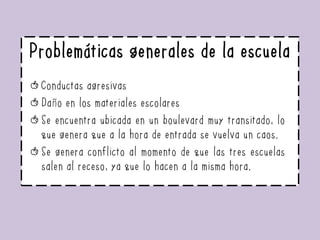 Conductas agresivas
Daño en los materiales escolares
Se encuentra ubicada en un boulevard muy transitado, lo
que genera que a la hora de entrada se vuelva un caos.
Se genera conflicto al momento de que las tres escuelas
salen al receso, ya que lo hacen a la misma hora.
Problemáticas generales de la escuela
 