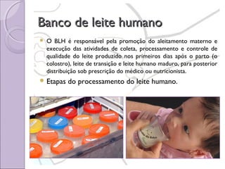 Banco de leite humano


O BLH é responsável pela promoção do aleitamento materno e
execução das atividades de coleta, processamento e controle de
qualidade do leite produzido nos primeiros dias após o parto (o
colostro), leite de transição e leite humano maduro, para posterior
distribuição sob prescrição do médico ou nutricionista.

 Etapas

do processamento do leite humano.

 