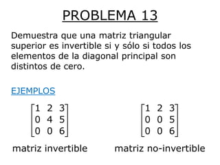 PROBLEMA 13
Demuestra que una matriz triangular
superior es invertible si y sólo si todos los
elementos de la diagonal principal son
distintos de cero.

EJEMPLOS
 