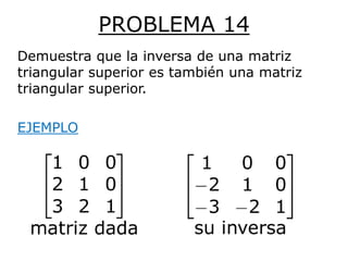 PROBLEMA 14
Demuestra que la inversa de una matriz
triangular superior es también una matriz
triangular superior.

EJEMPLO
 