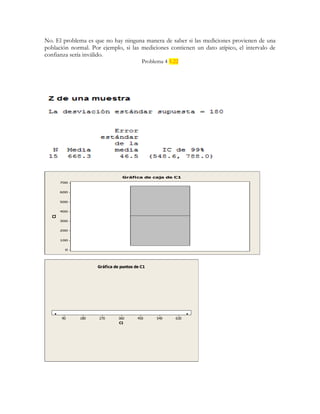 No. El problema es que no hay ninguna manera de saber si las mediciones provienen de una
población normal. Por ejemplo, si las mediciones contienen un dato atípico, el intervalo de
confianza sería inválido.
Problema 4 5.22
700
600
500
400
300
200
100
0
C1
Gráfica de caja de C1
63054045036027018090
C1
Gráfica de puntos de C1
 
