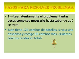 PASOS PARA RESOLVER PROBLEMAS:1.-- Leer atentamente el problema, tantas veces como sea necesario hasta saber de qué se trata.Juan tiene 124 corchos de botellas, si va a una despensa y recoge 39 corchos más. ¿Cuántos corchos tendrá en total?