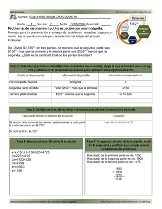 Matemáticas. http://licmata-math.blogspot.mx 
Alumno: GUILLERMO OSBAN CASAS SANTOYO 
Grado: 1 Sección: C Fecha: 5/10/2014 Resultado: 
Problemas de razonamiento: Una ecuación con una incógnita. 
Formato para la presentación y entrega de problemas resueltos algebraica-mente. 
Las respuestas en cada paso representan las etapas del proceso. 
Problema: 
Se Divide $4,725°° en tres partes, de manera que la segunda parte sea 
$150°° más que la primera y la tercera parte sea $525°° menos que la 
segunda. ¿Cuál es la cantidad total de las partes divididas? 
Paso 1. Entender el problema: Identificar las cantidades desconocidas, elegir la que se tomará como incóg-nita 
y establecer las relaciones necesarias para representarlas algebraicamente. 
Cantidad desconocida Información disponible Expresarla en lenguaje algebraico 
Primera parte dividida Incógnita x 
Segunda parte dividida Tiene $150°° más que la primera x+50 
Tercera parte dividida $525°° menos que la segunda x+15-525 
Paso 2. Configurar plan: Determinar el proceso para obtener la ecuación y anotarla. 
Explicar de dónde se obtendrá la ecuación Ecuación 
Se obtuvo de la suma de los valores pertenecientes a cada parte 
la cual el resultado es $4,725°° 
$P1+$P2+$P3= $4,725°° 
x+x+150+1+150-525=4725 
Paso 3. Ejecutar el plan: Resolver la ecuación Paso 4. Interpretar el valor de la incógnita, escri-bir 
la respuesta y verificar que cumple con las 
condiciones del problema. 
x+x+150+1+150-525=4725 
3x-225=4725 
3x=4723+225 
3x=4950 
x=4950/3 
x=1650 
Resultado de la primera parte es de: 1650 
Resultado de la segunda parte es de: 1800 
Resultado de la tercera parte es de: 1275 
1650 
+ 1800 
1275 
4725 
Planteamiento y resolución de problemas de razonamiento (una incógnita) http://www.scoop.it/t/mathematics-learning 
