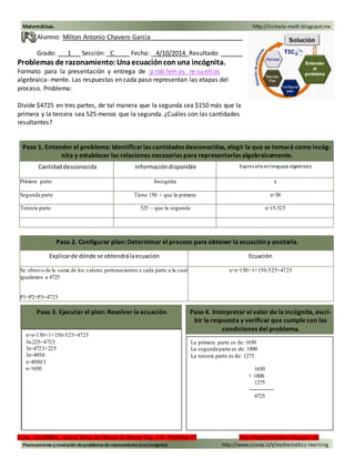 Matemáticas. http://licmata-math.blogspot.mx
Alumno: Milton Antonio Chavero Garcia
Grado: 1 Sección: C Fecha: 4/10/2014 Resultado:
Problemas de razonamiento: Una ecuación con una incógnita.
Formato para la presentación y entrega de p rob lem as re su elt os
algebraica- mente. Las respuestas en cada paso representan las etapas del
proceso. Problema:
Divide $4725 en tres partes, de tal manera que la segunda sea $150 más que la
primera y la tercera sea 525 menos que la segunda. ¿Cuáles son las cantidades
resultantes?
Paso 1. Entender el problema: Identificar las cantidades desconocidas, elegir la que se tomará como incóg-nita
y establecer las relaciones necesarias para representarlas algebraicamente.
Cantidad desconocida Información disponible Expresarla en lenguaje algebraico
Primera parte Incognita x
Segunda parte Tiene 150 + que la primera x+50
Tercera parte 525 – que la segunda x+15-525
Paso 2. Configurar plan: Determinar el proceso para obtener la ecuación y anotarla.
Explicar de dónde se obtendrá la ecuación Ecuación
Se obtuvo de la suma de los valores pertenecientes a cada parte a la cual
igualamos a 4725
P1+P2+P3=4725
x+x+150+1+150-525=4725
Paso 3. Ejecutar el plan: Resolver la ecuación Paso 4. Interpretar el valor de la incógnita, escri-bir
la respuesta y verificar que cumple con las
condiciones del problema.
x+x+150+1+150-525=4725
3x-225=4725
3x=4723+225
3x=4950
x=4950/3
x=1650
La primera parte es de: 1650
La segunda parte es de: 1800
La tercera parte es de: 1275
1650
+ 1800
1275
4725
Libro: ALGEBRA autora: Elena de Oteyza de Oteyza Pag. 119 Problema 67 http://maproindumate.blogspot.mx
Planteamiento y resolución de problemas de razonamiento (una incógnita) http://www.scoop.it/t/mathematics-learning