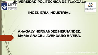 UNIVERSIDAD POLITECNICA DE TLAXCALA
INGENIERIA INDUSTRIAL
ANAGALY HERNANDEZ HERNANDEZ.
MARIA ARACELI AVENDAÑO RIVERA.
TEPEYANCO TLAX; A 25 DE ENERO DEL 2016.
 