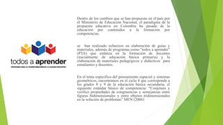 Dentro de los cambios que se han propuesto en el país por
el Ministerio de Educación Nacional, el paradigma de la
propuesta educativa en Colombia ha pasado de la
educación por contenidos a la formación por
competencias.
se han realizado esfuerzos en elaboración de guías y
materiales, además de programas como “todos a aprender”
(PTA) que enfatiza en la formación de docentes
(inicialmente de educación básica primaria) y la
elaboración de materiales pedagógicos y didácticos para
estudiantes y docentes.
En el tema específico del pensamiento espacial y sistemas
geométricos, encontramos en el ciclo 4 que corresponde a
los grados 8 y 9 de la educación básica secundaria, el
siguiente estándar básico de competencia: “Conjeturo y
verifico propiedades de congruencias y semejanzas entre
figuras bidimensionales y entre objetos tridimensionales
en la solución de problemas” MEN (2006)
 