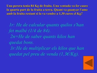 Una perera tenia 84 Kg de fruita. Una ventada va fer caure
la quarta part de la fruita a terra. Quant va guanyar l'amo
amb la fruita restant si la va vendre a 1,30 euros el Kg?
1r: He de calcular quants quilos s'han
fet malbé (1/4 de 84).
2n=He de saber quants kilos han
quedat bons.
3r:He de multiplicar els kilos que han
quedat pel preu de venda (1,3€/Kg).
 