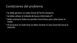 Condiciones del problema
• Se debe generar un nodo inicial de forma aleatoria.
• Se debe utilizar el método de busca informado A*.
• Debe evaluarse todas las posibles heurísticas para seleccionar la
mejor.
• Al encontrar el nodo final se debe mostrar la ruta recorrida hacia la
solución.
 