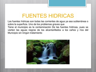 FUENTES HIDRICAS 
Las fuentes hídricas son todas las corrientes de agua ya sea subterránea o 
sobre la superficie. Uno de los problemas graves que 
Tiene el municipio es la contaminación De las fuentes hídricas, pues se 
vierten las aguas negras de los alcantarillados a los caños y ríos del 
Municipio sin ningún tratamiento 
 
