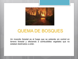 QUEMA DE BOSQUES 
Un incendio forestal es el fuego que se extiende sin control en 
terreno forestal y afectando a combustibles vegetales que no 
estaban destinados a arder. 
 