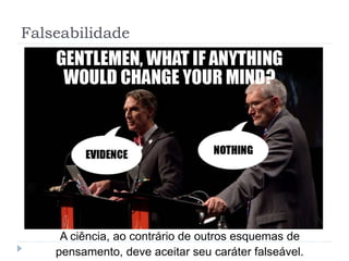 Falseabilidade
A ciência, ao contrário de outros esquemas de
pensamento, deve aceitar seu caráter falseável.
 
