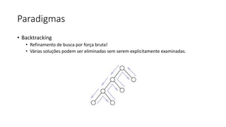 Paradigmas
• Backtracking
• Refinamento de busca por força bruta!
• Várias soluções podem ser eliminadas sem serem explicitamente examinadas.
 