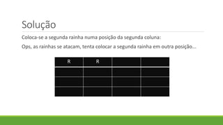 Solução
Coloca-se a segunda rainha numa posição da segunda coluna:
Ops, as rainhas se atacam, tenta colocar a segunda rainha em outra posição...
R R
 